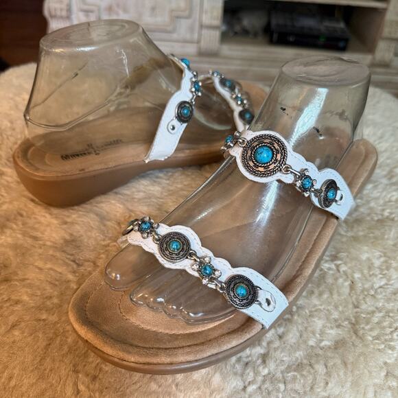 Minnetonka White Leather Boca Slide III Sandals Sz 9 Turquoise Conchos Tribal - Picture 1 of 9